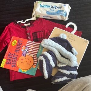 Red Baby Shirt with Blue Fleece Booties and Hat